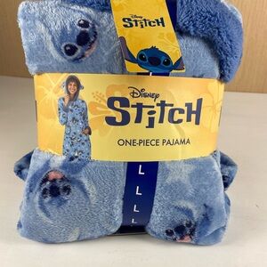 Disney Stitch One Piece Pajama Women’s Large Blue Plush Hooded Onesie NWT